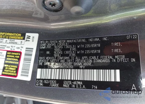 2022 Toyota Highlander Xle из США, поврежденный, VIN 5TDGZRAH9NS554266